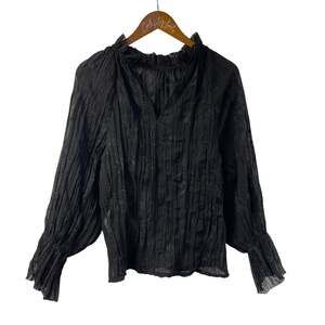 Zara Sheer Black Top Long Sleeve Subtle Embroidery Floral S Ruffle Collar Witchy